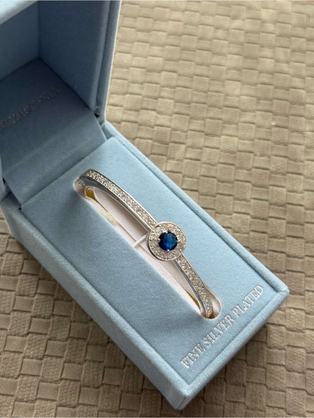 Fine Silver-Plated Blue Sapphire Halo Bangle Bracelet